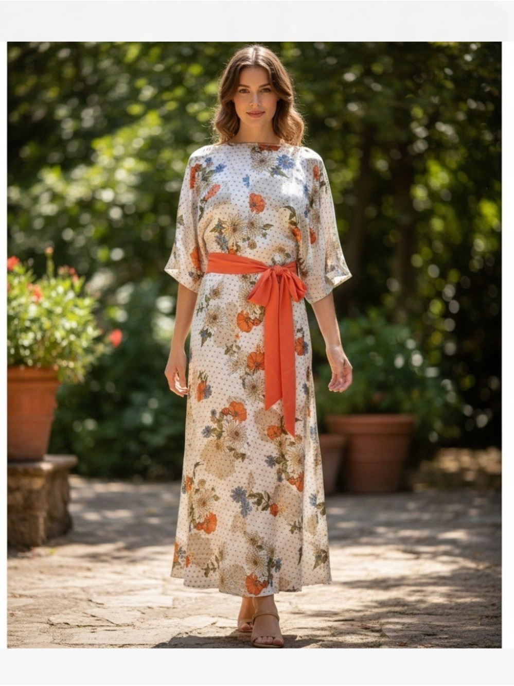 Unique Vintage Floral Cream wrap Maxi Dress with Coral Sash sz M 6-8 NWT